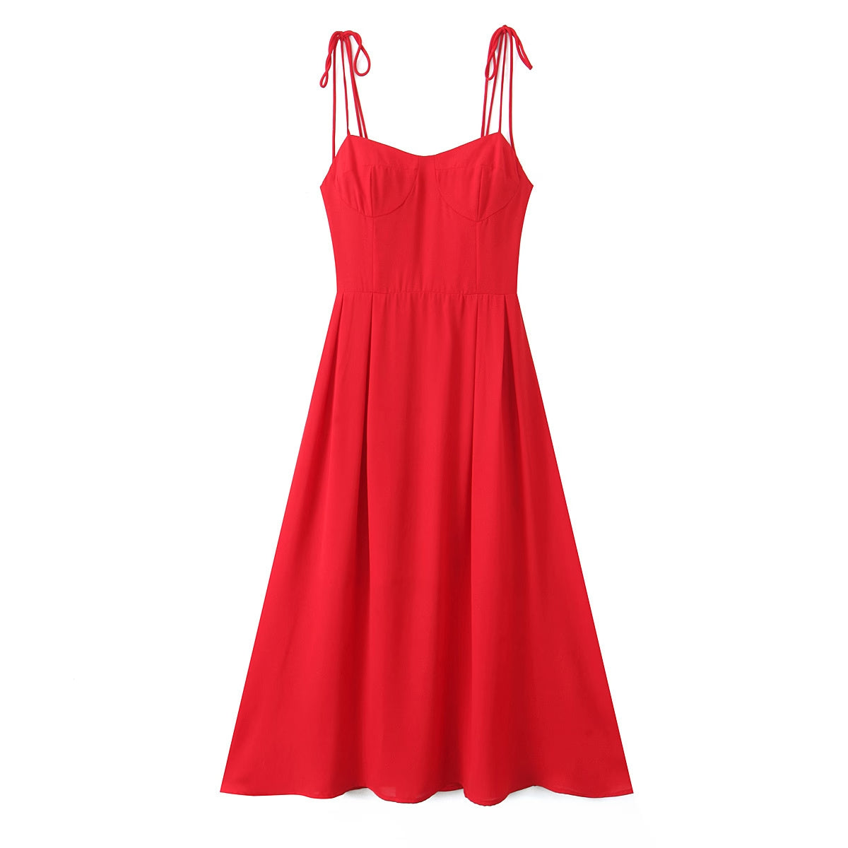 Red V-Neck Smocked Tie Midi Dress