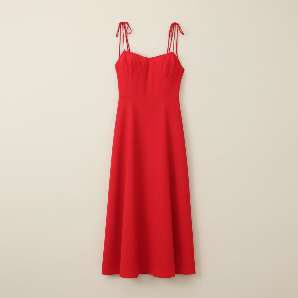 Red V-Neck Smocked Tie Midi Dress