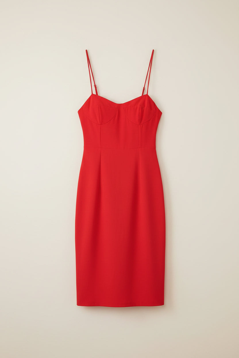 Red V-Neck Smocked Tie Midi Dress