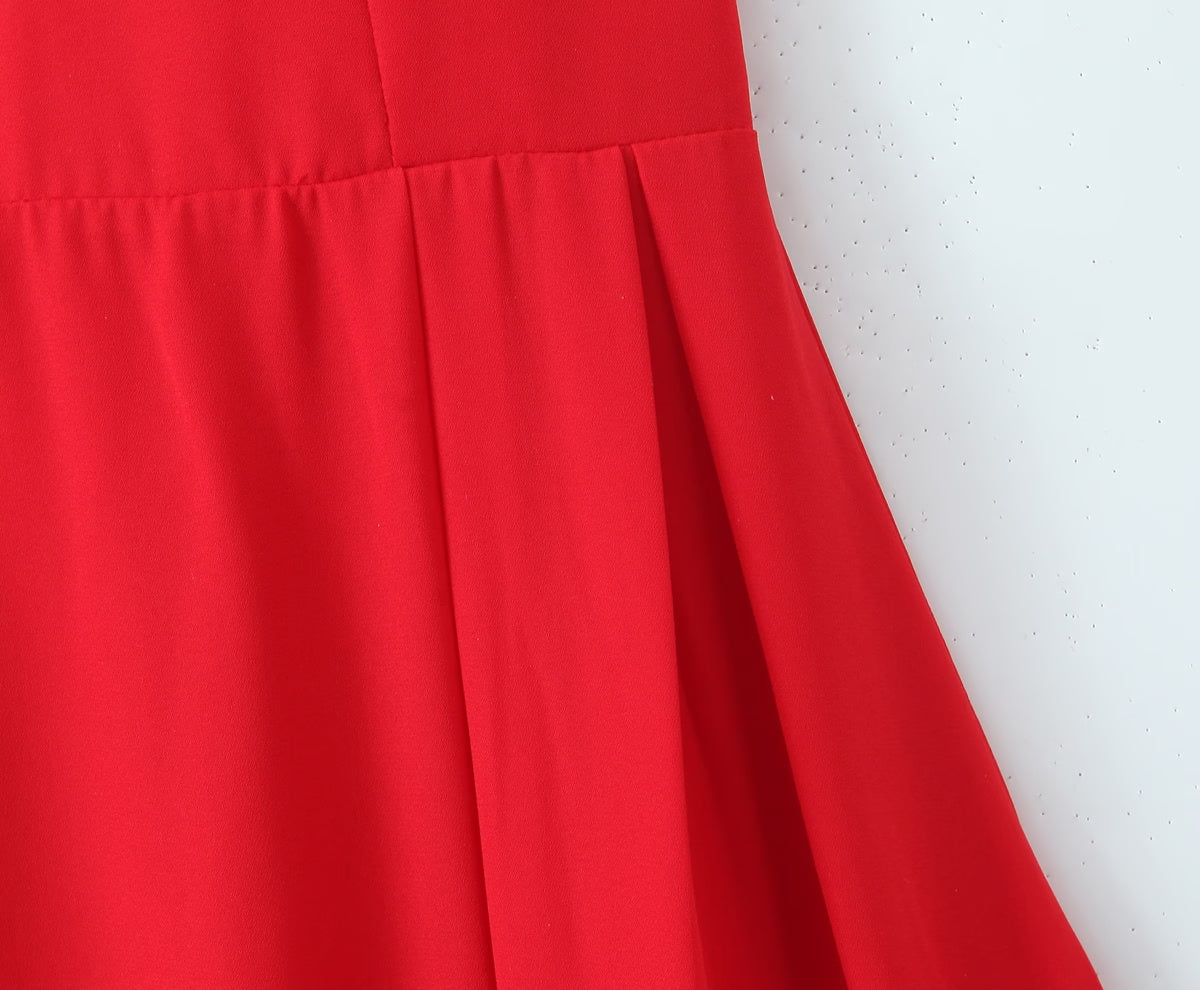 Red V-Neck Smocked Tie Midi Dress