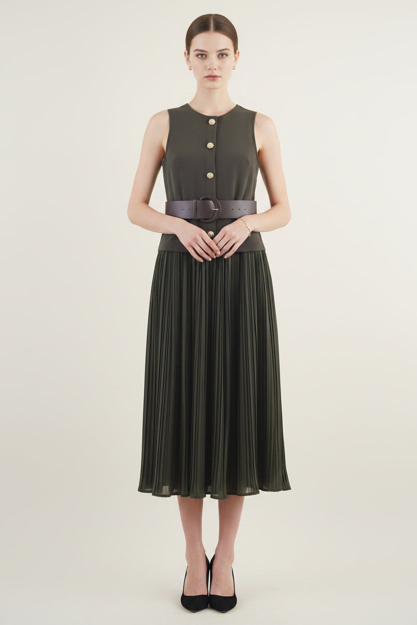 Belted Sleeveless A-Line Maxi Dress in Army Green