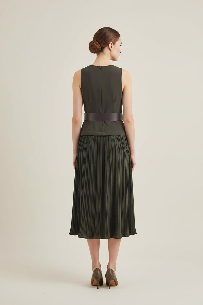 Belted Sleeveless A-Line Maxi Dress in Army Green