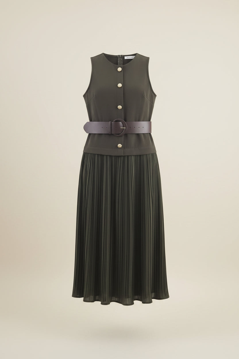 Belted Sleeveless A-Line Maxi Dress in Army Green