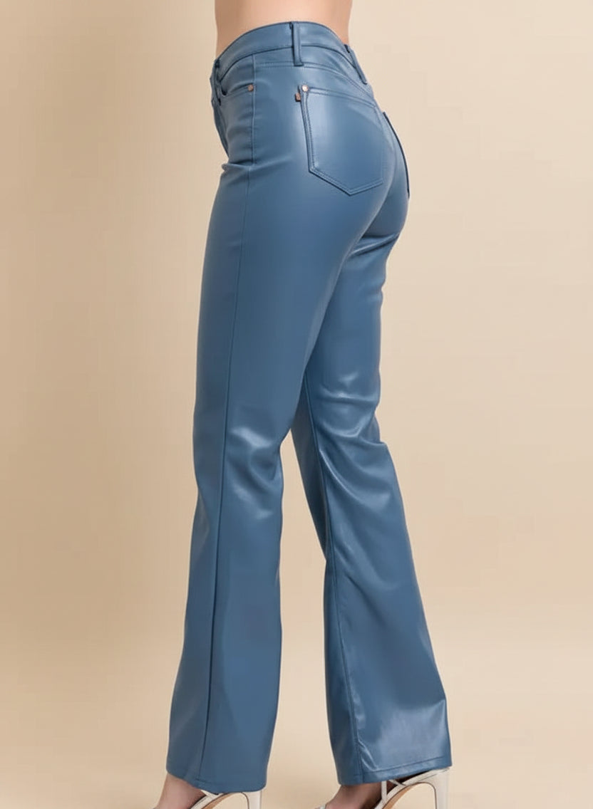 Blue high-waisted pants on a white background