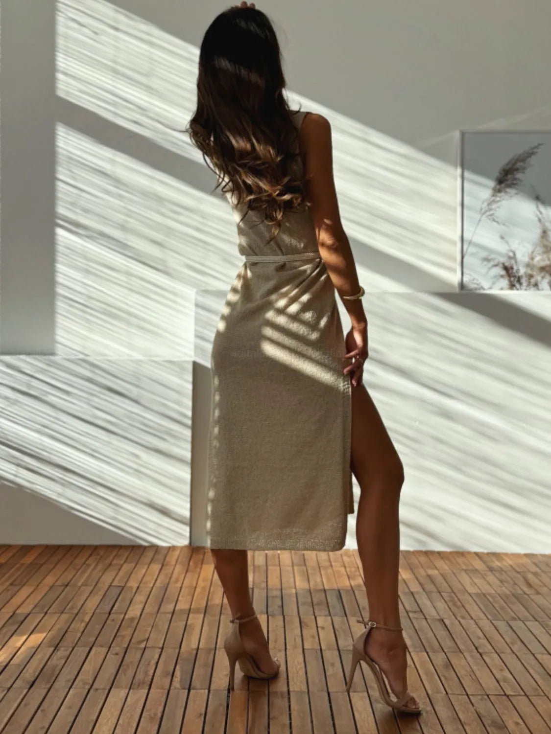 Slit V-Neck Sleeveless Sweater Dress