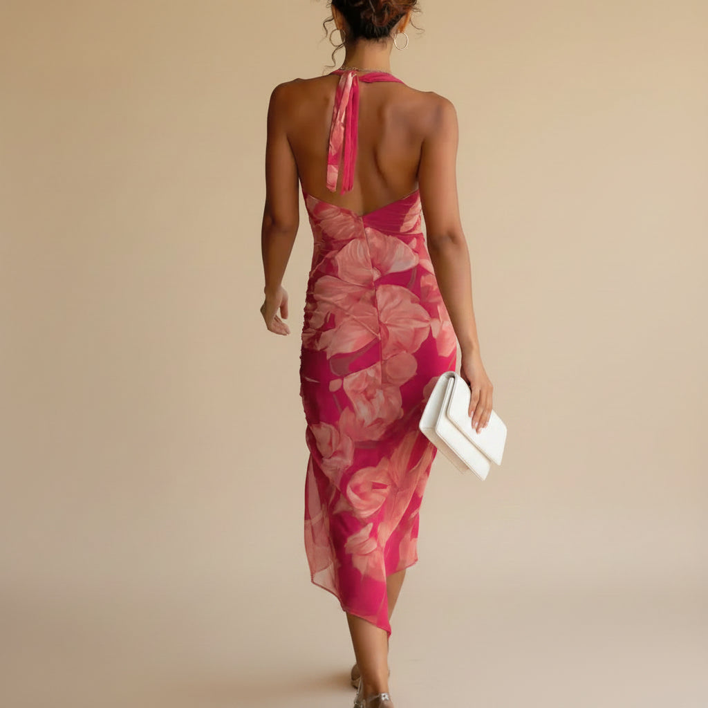 Carmine Red Backless Halter Maxi Dress
