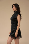 Summer Elegant Black with High Collar Lace Slim Fit Patchwork Sleeveless Office All Matching Dress Women