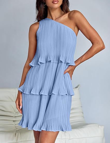 One Shoulder Ruffle Hem Sleeveless Dress