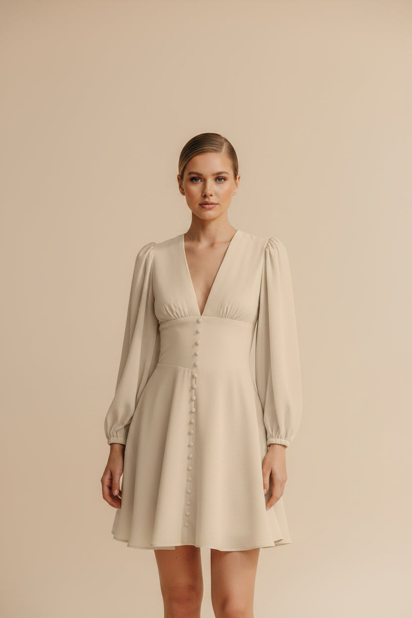 Beige dress with long sleeves and buttons on a neutral background