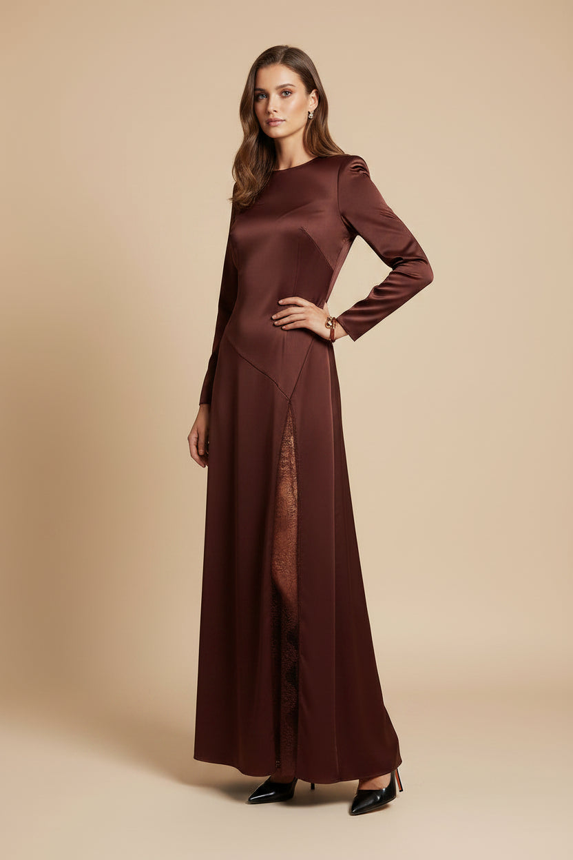 Lace-Trim High-Waist Maxi Dress in Burgundy