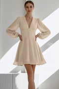 Khaki French Chiffon V-Neck Button Mini Dress