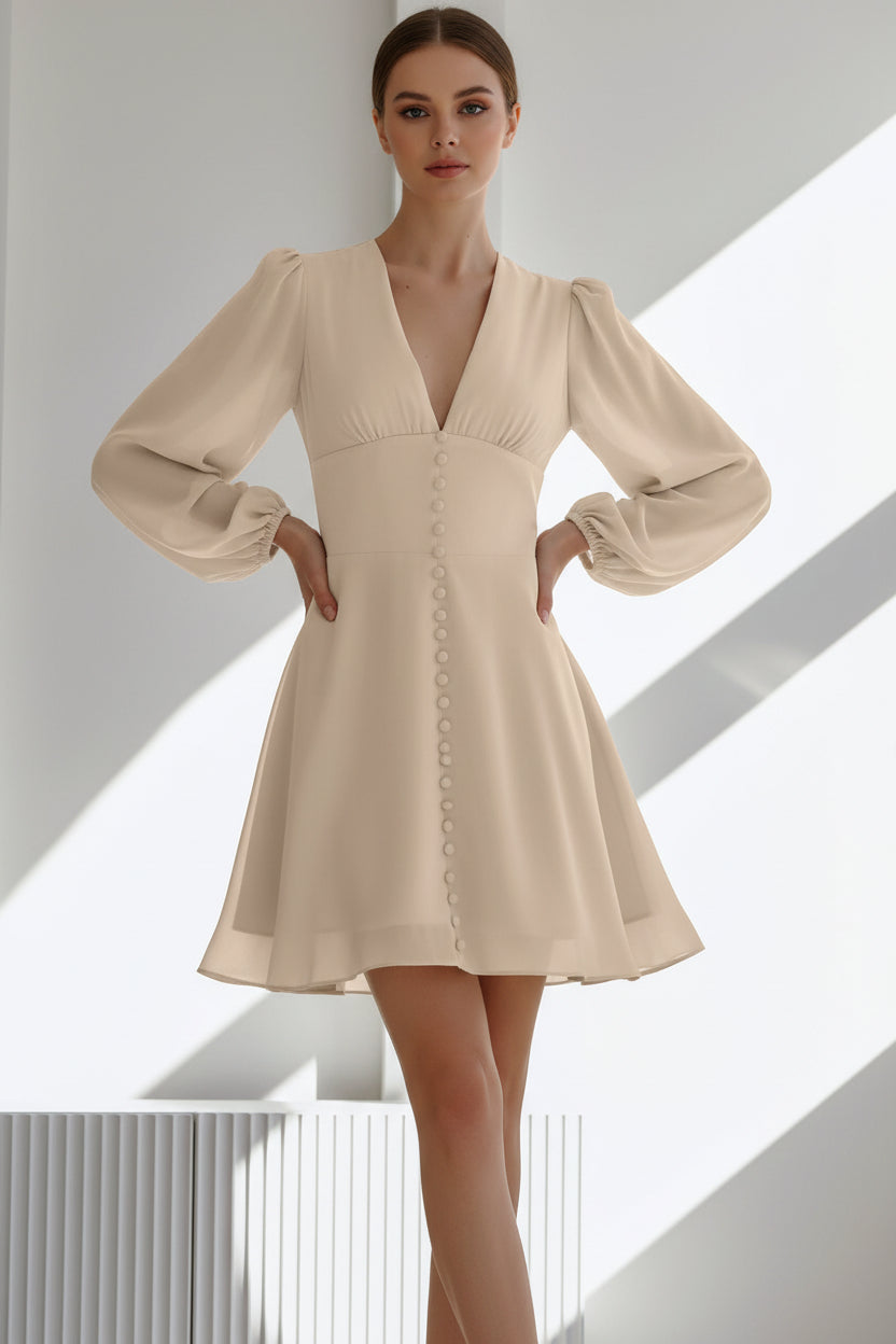 Khaki French Chiffon V-Neck Button Mini Dress