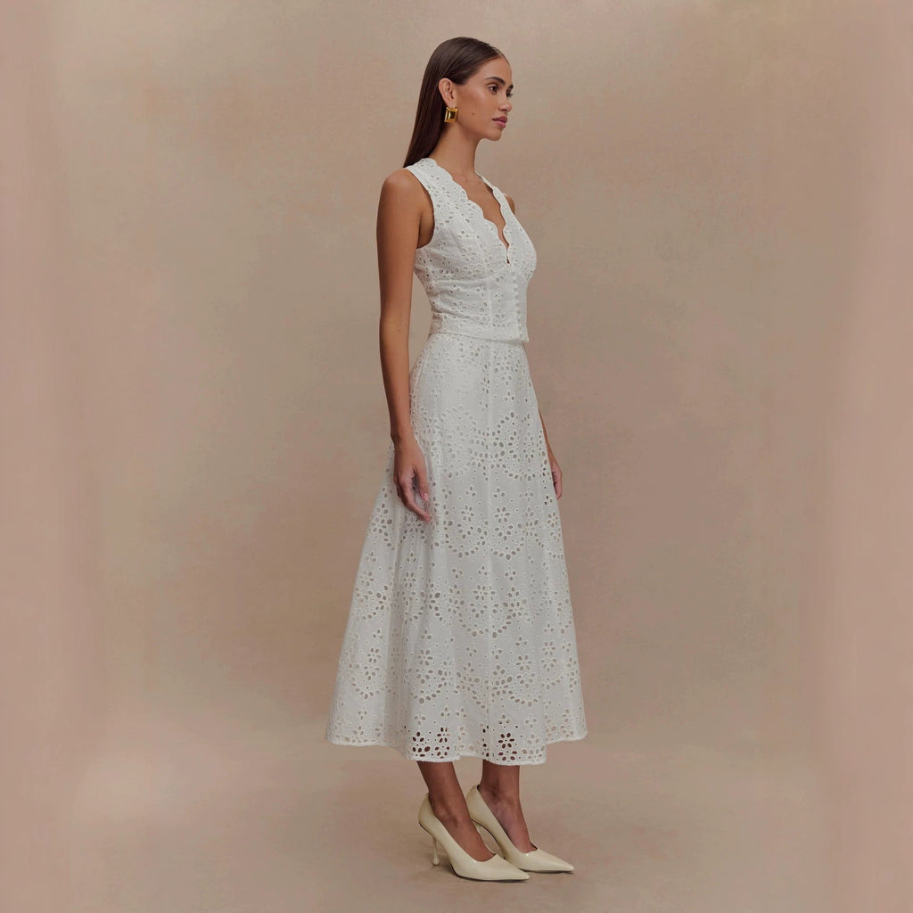 Embroidered Lace Vest & Midi Skirt Two-Piece Set