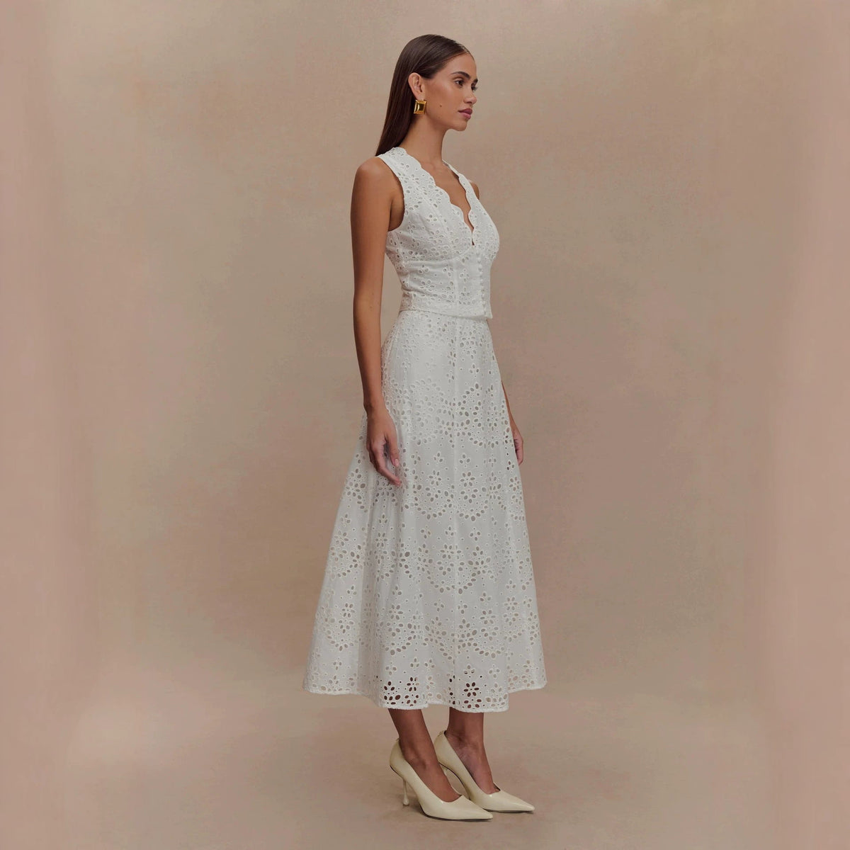 Embroidered Lace Vest & Midi Skirt Two-Piece Set