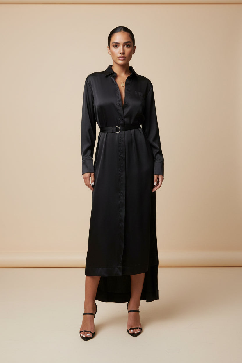 Haze Blue Waist Slimming Satin Sexy Slit Dress Fall Winter Dress