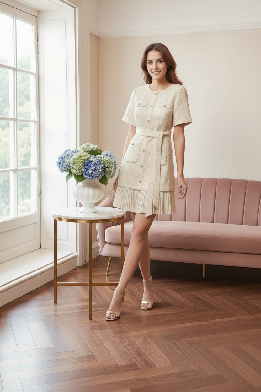 French Retro Tweed Pleated Dress