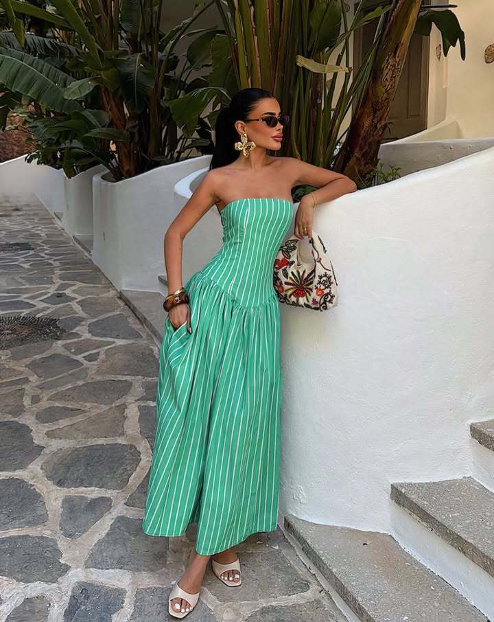 Striped Strapless Ruched Maxi Dress