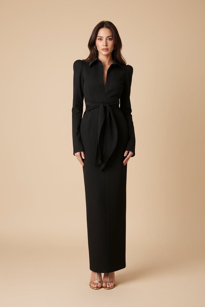 Fall Women Clothing Solid Color Collared Waist Tight Slim Fit Lace up Long Sleeve Zipper Dress