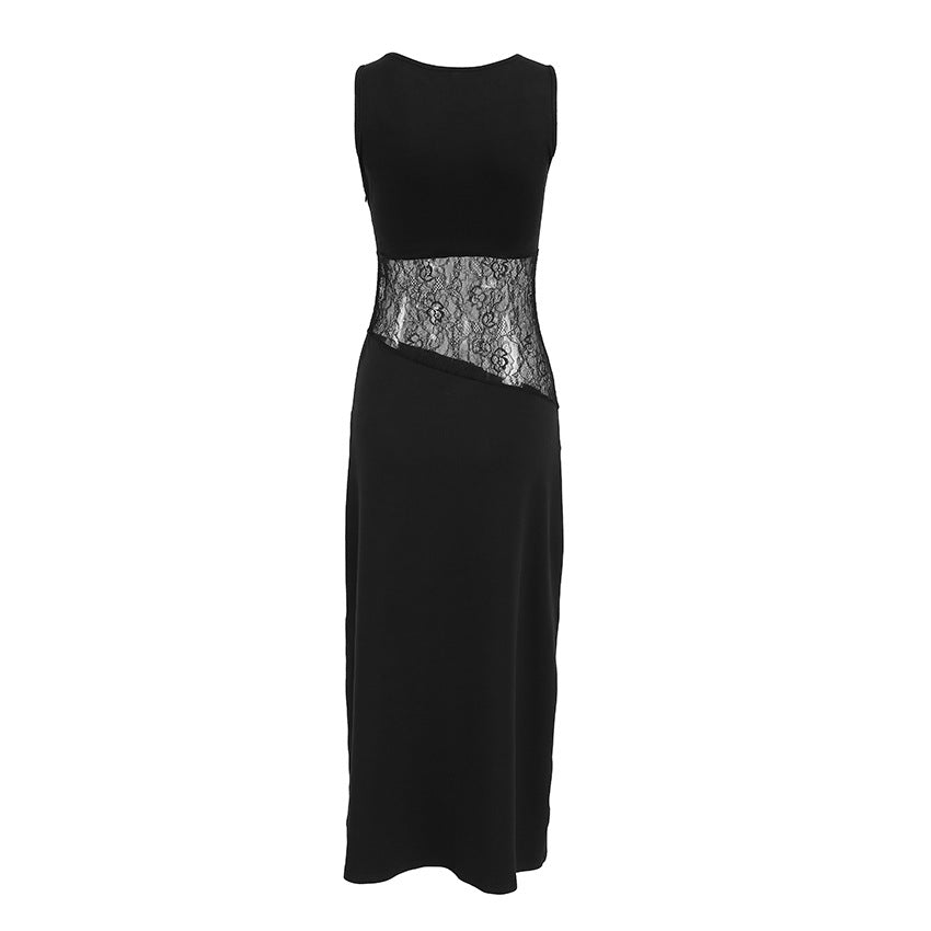 A sleeveless black maxi dress with a sheer black-and-white lace waist panel, shown against a plain white background.