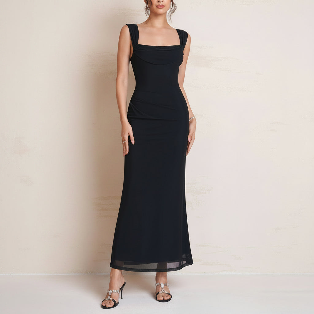 Black Square Neck Ruched Corset Maxi Dress