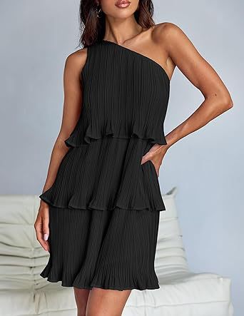 One Shoulder Ruffle Hem Sleeveless Dress