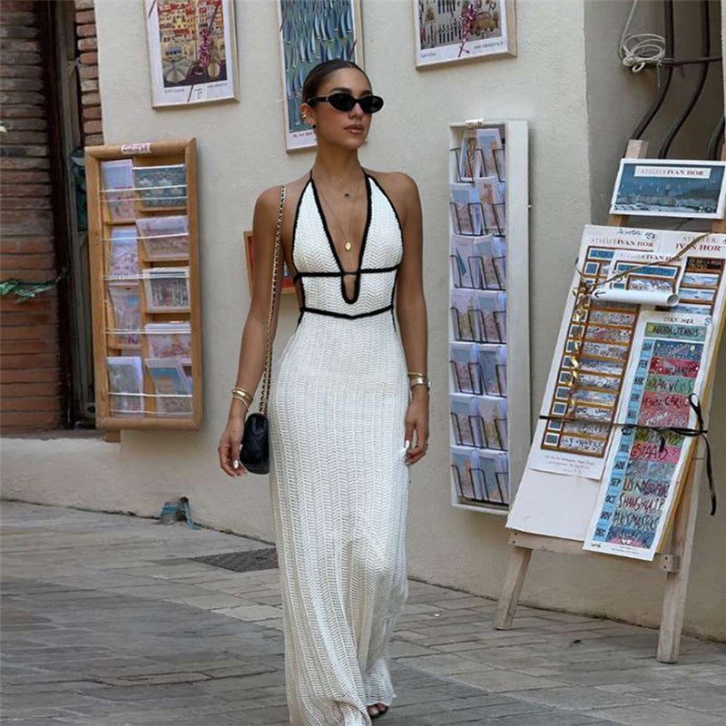 White Halter Lace-Up Backless Cutout Maxi Dress