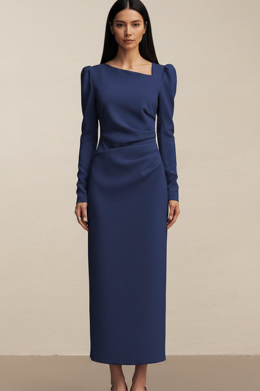 Autumn Casual Elegant Irregular Asymmetric Collar Puff Sleeve Tight Split Dress Khaki Maxi Dress