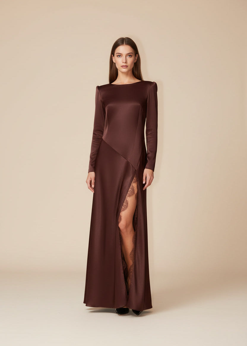 Lace-Trim High-Waist Maxi Dress in Burgundy