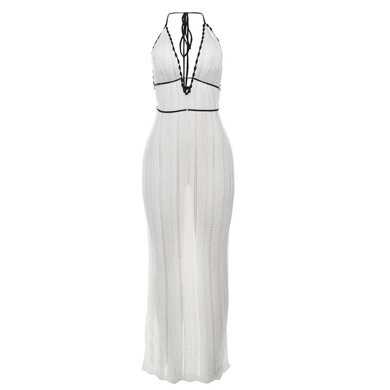 White Halter Lace-Up Backless Cutout Maxi Dress