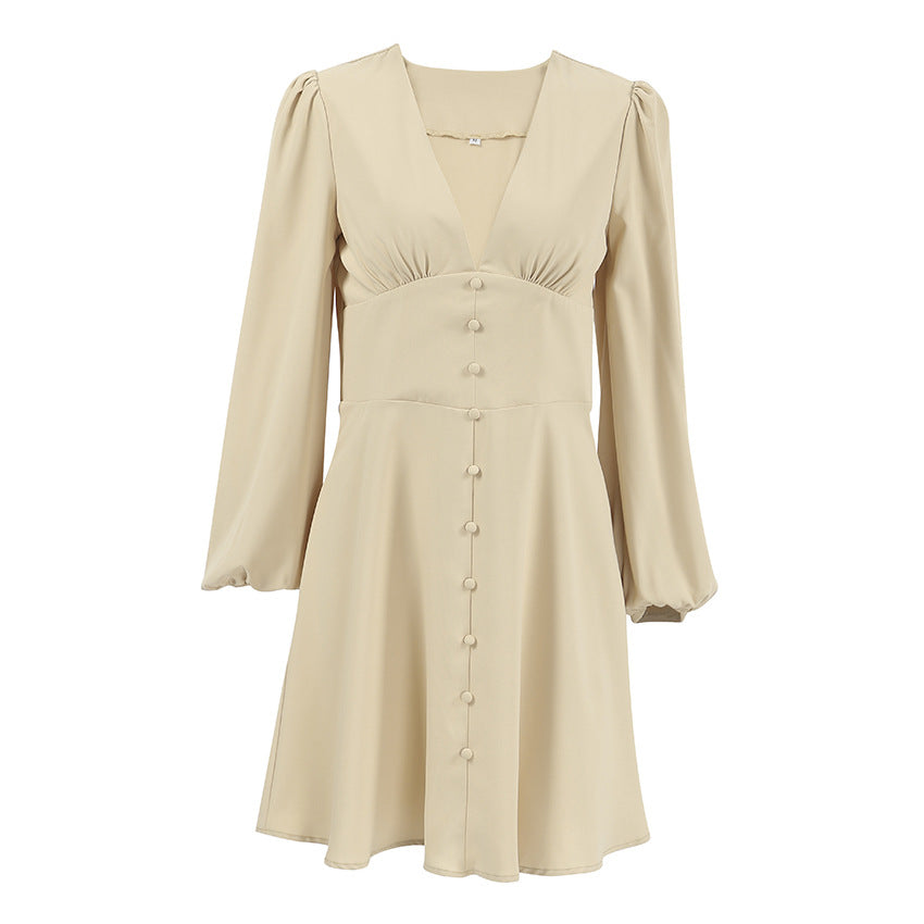 Khaki French Chiffon V-Neck Button Mini Dress