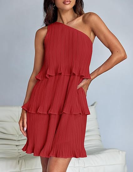 One Shoulder Ruffle Hem Sleeveless Dress
