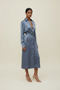 Haze Blue Waist Slimming Satin Sexy Slit Dress Fall Winter Dress