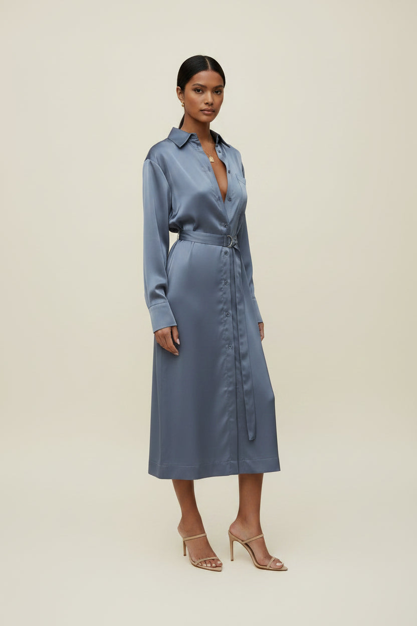 Haze Blue Waist Slimming Satin Sexy Slit Dress Fall Winter Dress