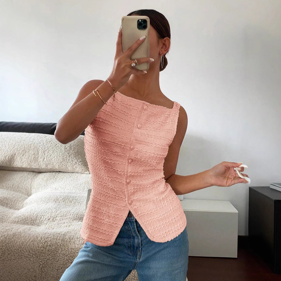 Sleeveless Single-Breasted Slim Vest Top