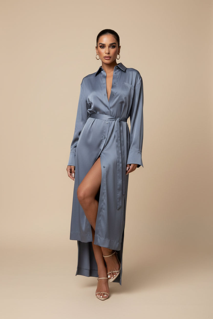 Haze Blue Waist Slimming Satin Sexy Slit Dress Fall Winter Dress