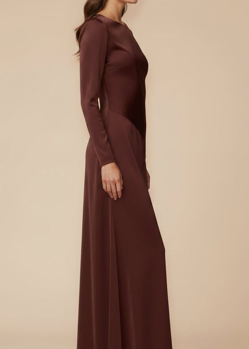 Lace-Trim High-Waist Maxi Dress in Burgundy
