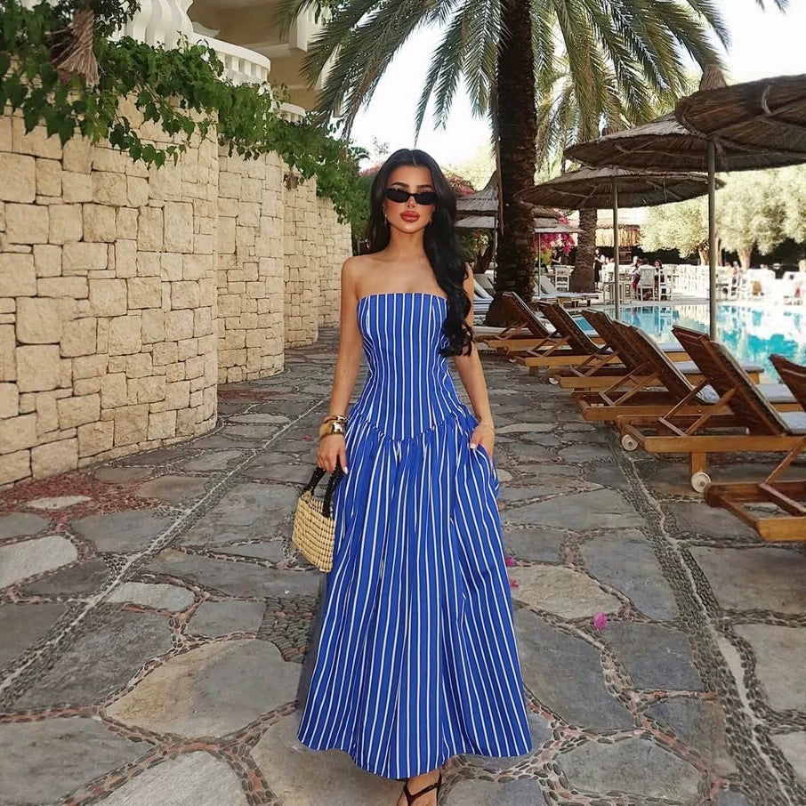 Striped Strapless Ruched Maxi Dress