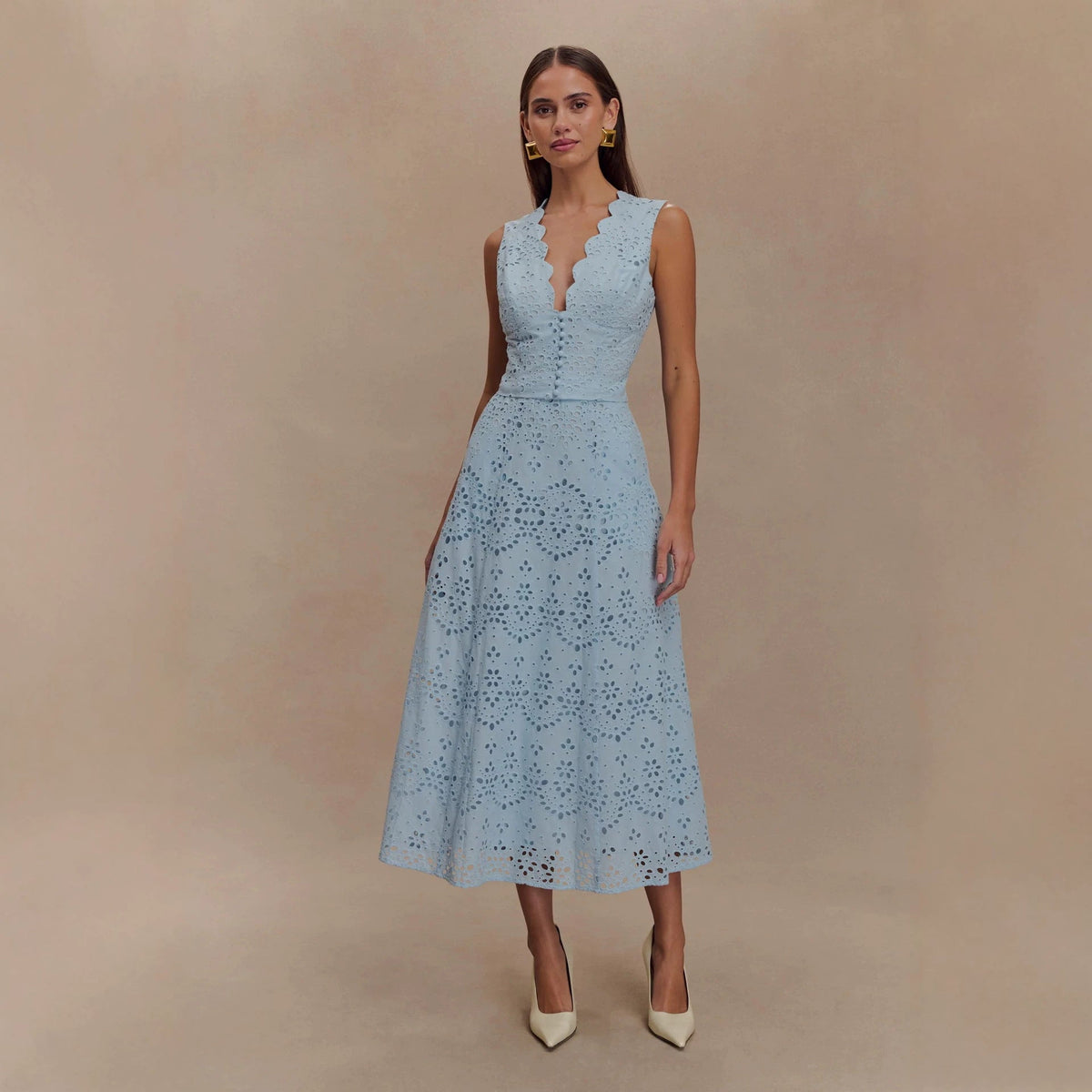 Embroidered Lace Vest & Midi Skirt Two-Piece Set