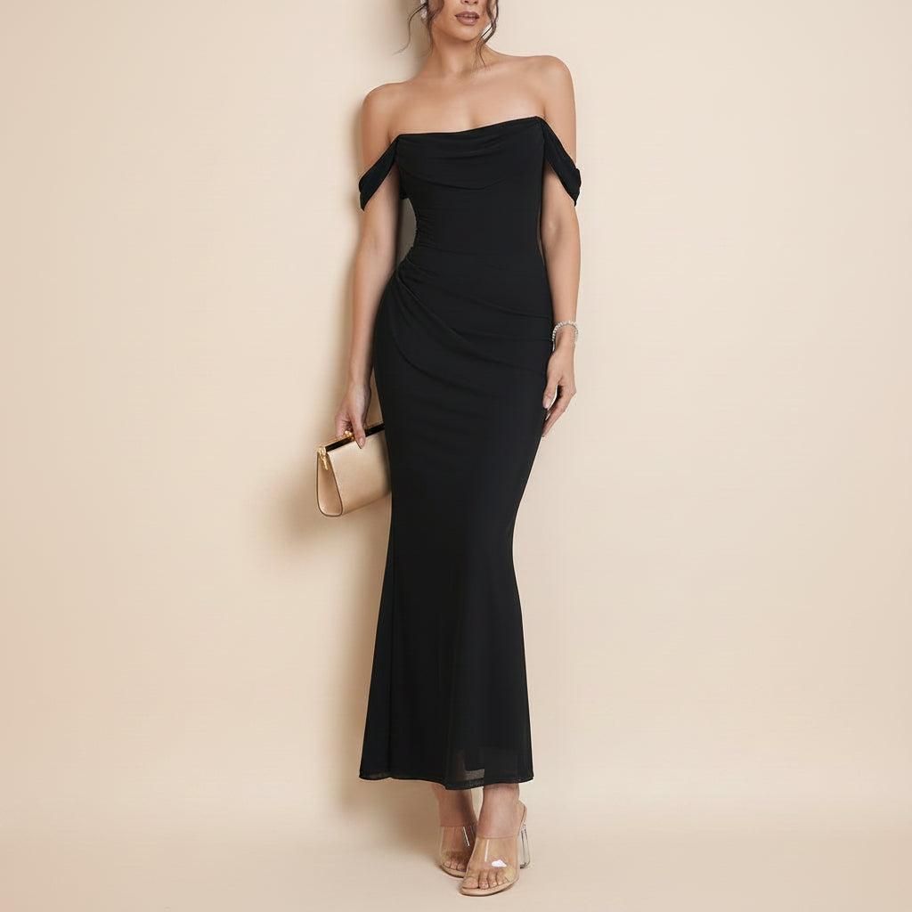 Black Square Neck Ruched Corset Maxi Dress