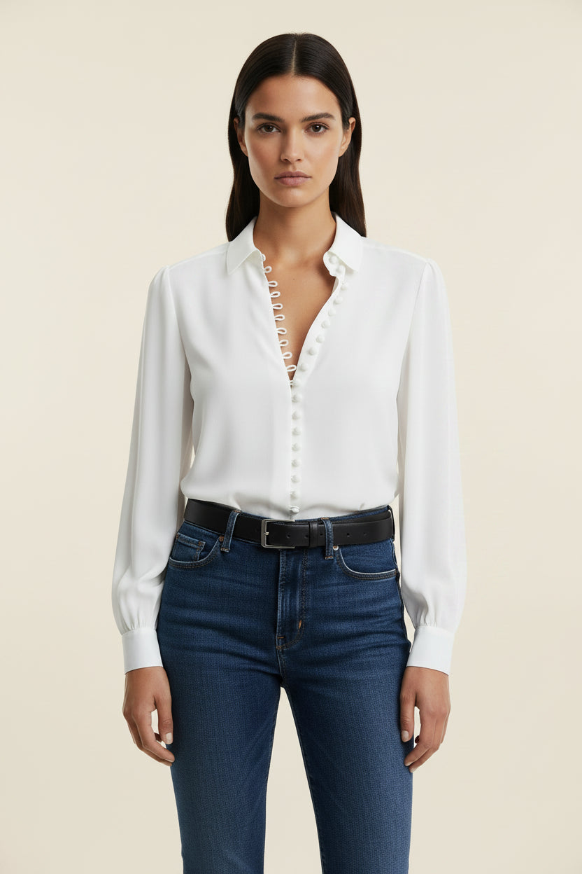 White blouse with ruffled details on a neutral background