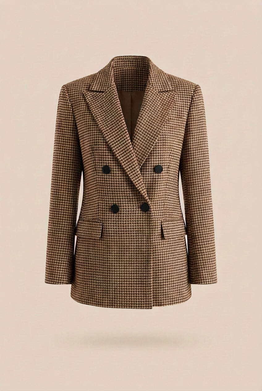 Plaid Lapel Collar Double-Breasted Blazer